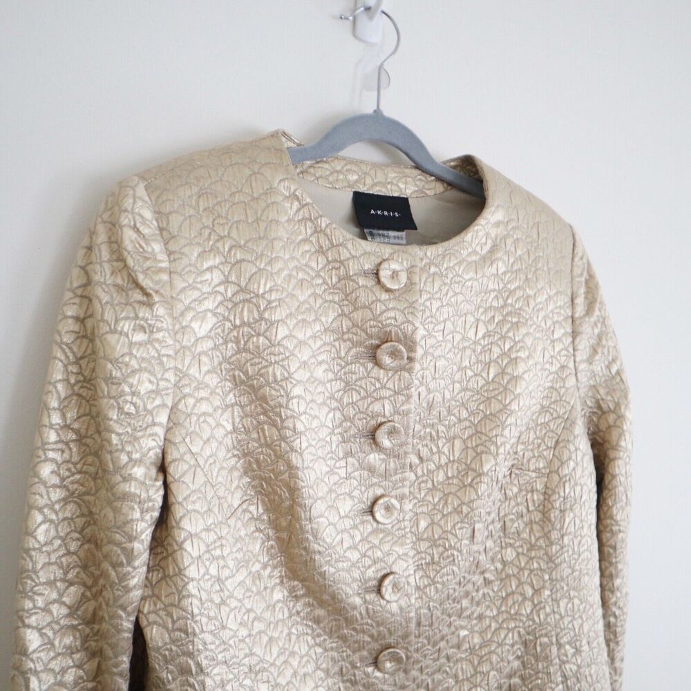 Akris US 10 Gold Lamé Collarless Jacket Button Front Longline - Picture 4 of 12